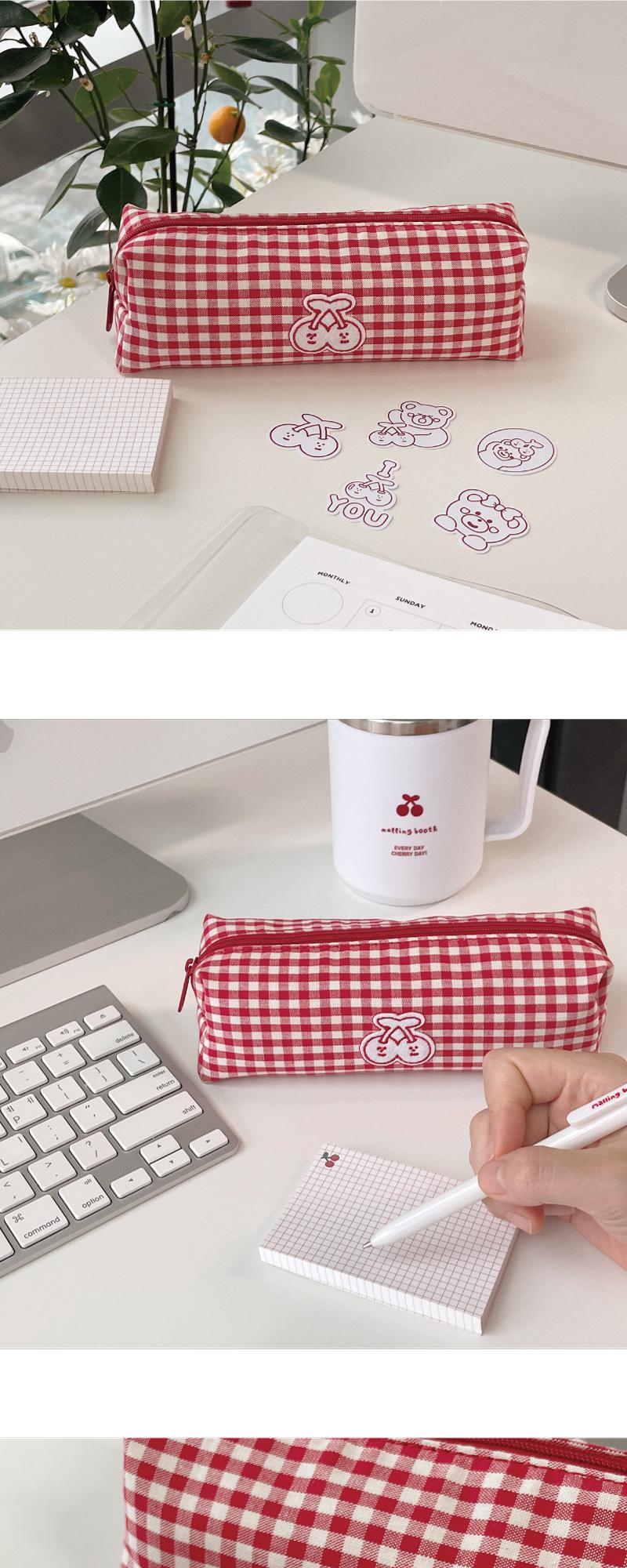 Gingham cherry pencil pouch