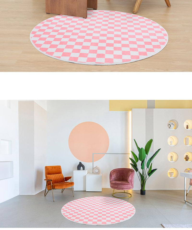 Vivid Pink Checkerboard インテリア 円形ラグ
