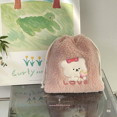 Kuri Bear Fluffy Drawstring Pouch Pink