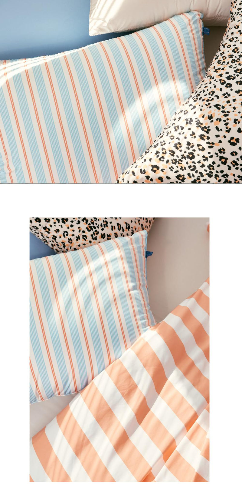 Blue & Orange Stripe パターン レイヤード枕カバー 2material