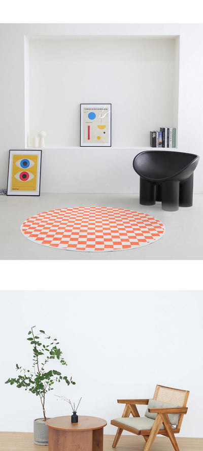 Vivid Orange Checkerboard インテリア 円形ラグ